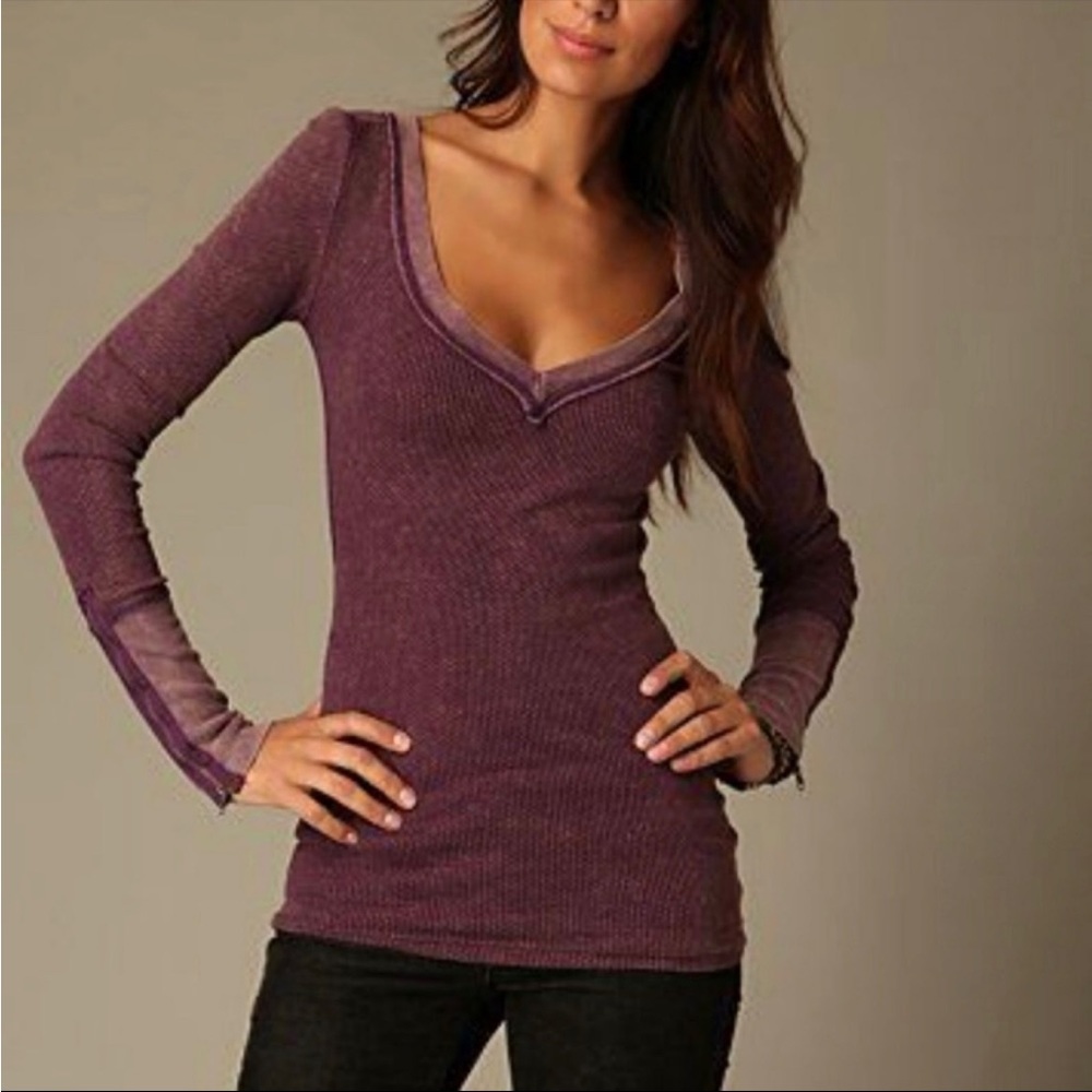 RARE Free People Plum Zipper Cuff Long Sleeve Tee